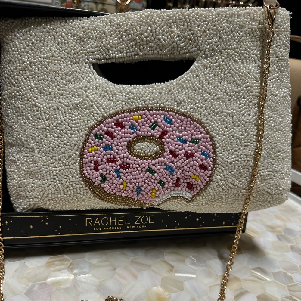 Rachel Zoe Viral Cream and Pink Beaded Donut Clutch Crossbody So Fun!
